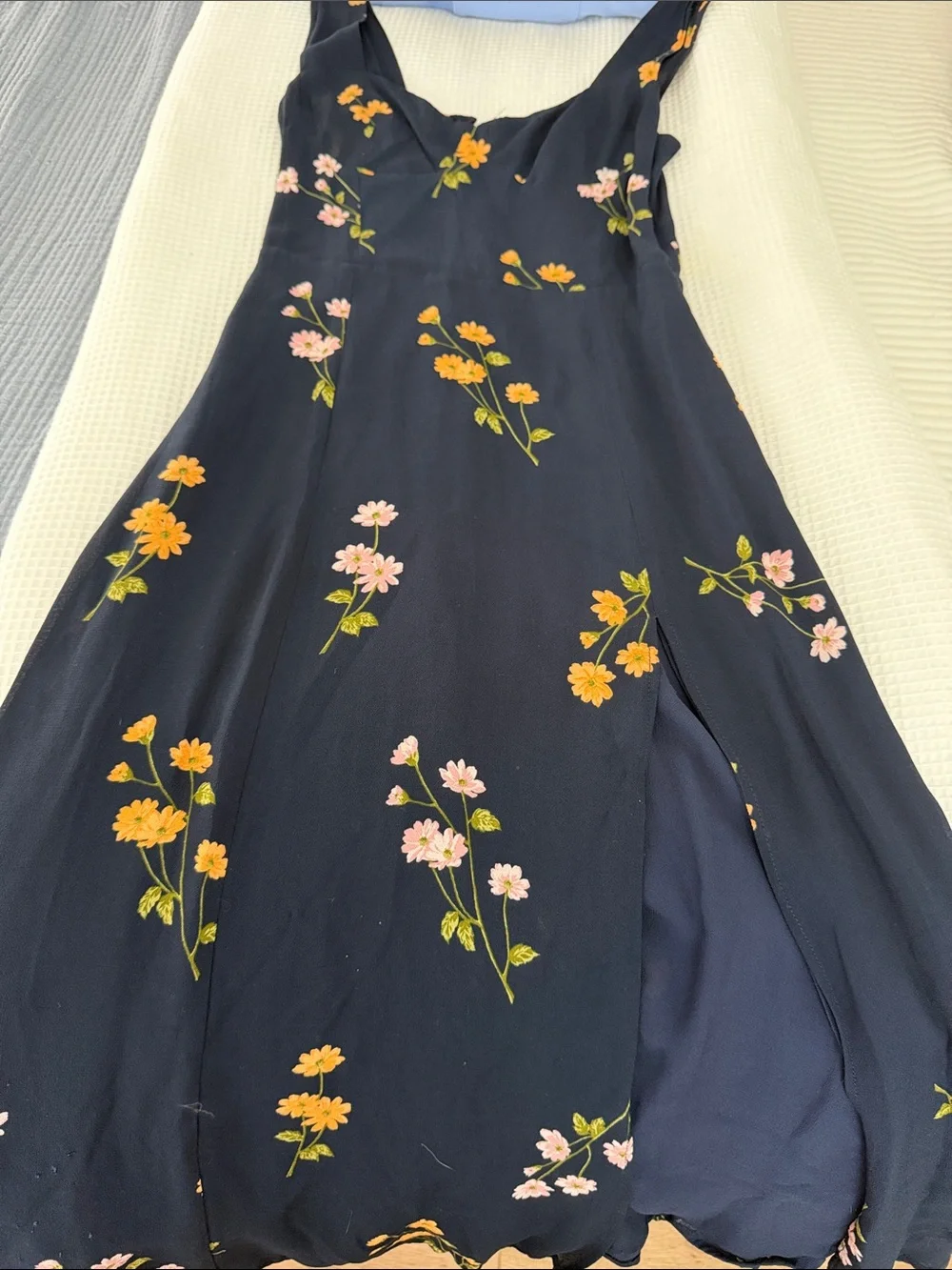 Reformation Navy Midi Slip Dress with Pink & Yellow Floral Print